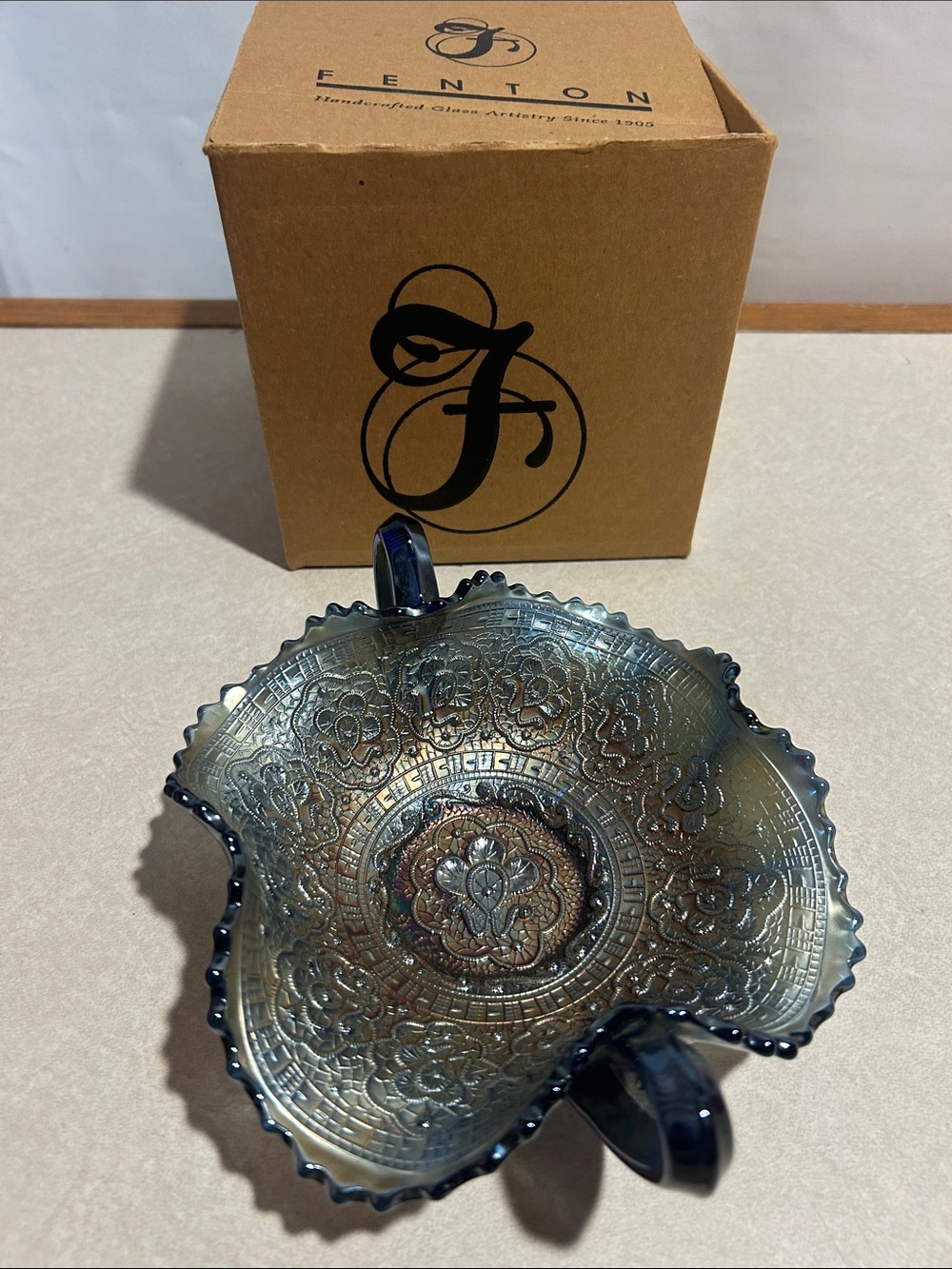 RARE 1911 Fenton Persian Medallion Cobalt Blue Carnival Bonbon 2 Handle Ruffled